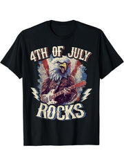 4th Of July Rocks Guitar Bald Eagle Rock Musican T-Shirt 180G 100% Cotton Printed Round Neck Short-Sleeve T-Shirt, Gifts for Men Dad Husband Grandpa, S-XXXL, Black