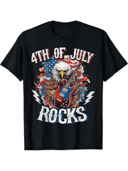 4th Of July Rocks Guitar Bald Eagle Rock Musican T-Shirt 180G 100% Cotton Printed Round Neck Short-Sleeve T-Shirt, Gifts for Men Dad Husband Grandpa, S-XXXL, Black