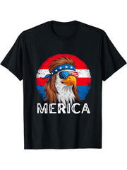 4th of July America USA Flag Bald Eagle Patriotic Veteran T-Shirt 180G 100% Cotton Printed Round Neck Short-Sleeve T-Shirt, Gifts for Men Dad Husband Grandpa, S-XXXL, Black