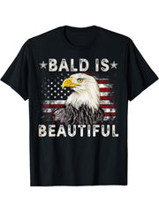 Bald Is Beautiful 4th of July Independence Day America Eagle T-Shirt 180G 100% Cotton Printed Round Neck Short-Sleeve T-Shirt, Gifts for Men Dad Husband Grandpa, S-XXXL, Black