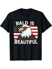 Happy Independence Day Bald Is Beautiful Eagle Sun Glasses T-Shirt 180G 100% Cotton Printed Round Neck Short-Sleeve T-Shirt, Gifts for Men Dad Husband Grandpa, S-XXXL, Black