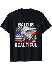 Bald is Beautiful American Bald Eagle 4th of July Vintage T-Shirt 180G 100% Cotton Printed Round Neck Short-Sleeve T-Shirt, Gifts for Men Dad Husband Grandpa, S-XXXL, Black