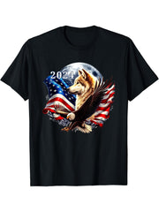 2024 New Years Wolves Bald Eagle American Flag Full Moon T-Shirt 180G 100% Cotton Printed Round Neck Short-Sleeve T-Shirt, Gifts for Men Dad Husband Grandpa, S-XXXL, Black