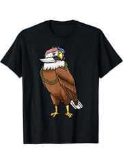 Bald Eagle Bird With Headband And Knife Birding Birder T-Shirt 180G 100% Cotton Printed Round Neck Short-Sleeve T-Shirt, Gifts for Men Dad Husband Grandpa, S-XXXL, Black
