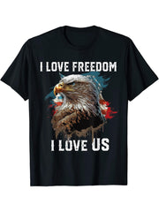 I Love Freedom I Love US American Bald Eagle America T-Shirt 180G 100% Cotton Printed Round Neck Short-Sleeve T-Shirt, Gifts for Men Dad Husband Grandpa, S-XXXL, Black