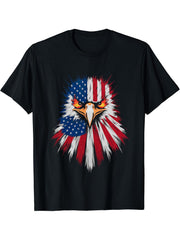 4th of July America USA Flag Bald Eagle Patriotic Veteran T-Shirt 180G 100% Cotton Printed Round Neck Short-Sleeve T-Shirt, Gifts for Men Dad Husband Grandpa, S-XXXL, Black