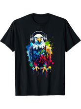 Colorful Splash Art Headphones Bald Eagle Bald Eagles T-Shirt 180G 100% Cotton Printed Round Neck Short-Sleeve T-Shirt, Gifts for Men Dad Husband Grandpa, S-XXXL, Black