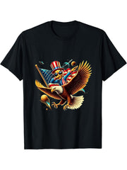 Dabing Alien Space Bald Eagle American Flag 4th Of July T-Shirt 180G 100% Cotton Printed Round Neck Short-Sleeve T-Shirt, Gifts for Men Dad Husband Grandpa, S-XXXL, Black