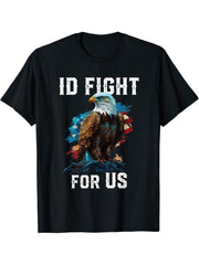 I'd Fight for US American Bald Eagle America USA Flag T-Shirt 180G 100% Cotton Printed Round Neck Short-Sleeve T-Shirt, Gifts for Men Dad Husband Grandpa, S-XXXL, Black