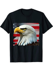 American Bald Eagle Had On USA Flag 4th of July T-Shirt 180G 100% Cotton Printed Round Neck Short-Sleeve T-Shirt, Gifts for Men Dad Husband Grandpa, S-XXXL, Black