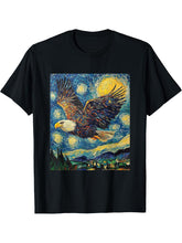 Bald Eagle Bird - Van Gogh Style - Starry Night T-Shirt 180G 100% Cotton Printed Round Neck Short-Sleeve T-Shirt, Gifts for Men Dad Husband Grandpa, S-XXXL, Black