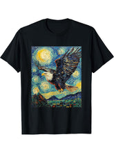 Bald Eagle Bird - Van Gogh Style - Starry Night T-Shirt 180G 100% Cotton Printed Round Neck Short-Sleeve T-Shirt, Gifts for Men Dad Husband Grandpa, S-XXXL, Black