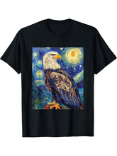 Bald Eagle Bird - Van Gogh Style - Starry Night T-Shirt 180G 100% Cotton Printed Round Neck Short-Sleeve T-Shirt, Gifts for Men Dad Husband Grandpa, S-XXXL, Black