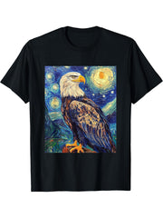 Bald Eagle Bird - Van Gogh Style - Starry Night T-Shirt 180G 100% Cotton Printed Round Neck Short-Sleeve T-Shirt, Gifts for Men Dad Husband Grandpa, S-XXXL, Black