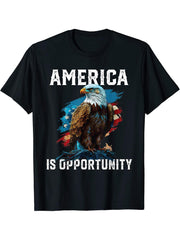 America Is Opportunity American Bald Eagle July 4 Patriotic T-Shirt 180G 100% Cotton Printed Round Neck Short-Sleeve T-Shirt, Gifts for Men Dad Husband Grandpa, S-XXXL, Black