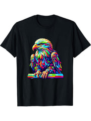 Colorful Pop Art Bald Eagle Bald Eagles T-Shirt 180G 100% Cotton Printed Round Neck Short-Sleeve T-Shirt, Gifts for Men Dad Husband Grandpa, S-XXXL, Black