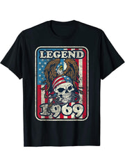 Birthday Legend 1969 Bald Eagle Skull American Flag USA T-Shirt 180G 100% Cotton Printed Round Neck Short-Sleeve T-Shirt, Gifts for Men Dad Husband Grandpa, S-XXXL, Black