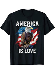 America Is Love American Bald Eagle 4th Of July Patriotic T-Shirt 180G 100% Cotton Printed Round Neck Short-Sleeve T-Shirt, Gifts for Men Dad Husband Grandpa, S-XXXL, Black