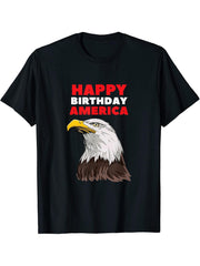 Happy Birthday America Bald Eagle USA T-Shirt 180G 100% Cotton Printed Round Neck Short-Sleeve T-Shirt, Gifts for Men Dad Husband Grandpa, S-XXXL, Black