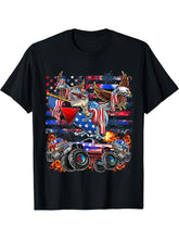 4th of July Dinosaur Monster Truck Bald Eagle American Flag T-Shirt 180G 100% Cotton Printed Round Neck Short-Sleeve T-Shirt, Gifts for Men Dad Husband Grandpa, S-XXXL, Black