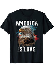 America Is Love American Bald Eagle 4th Of July Patriotic T-Shirt 180G 100% Cotton Printed Round Neck Short-Sleeve T-Shirt, Gifts for Men Dad Husband Grandpa, S-XXXL, Black