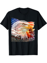 Bald Eagle with American flag and wilderness background T-Shirt 180G 100% Cotton Printed Round Neck Short-Sleeve T-Shirt, Gifts for Men Dad Husband Grandpa, S-XXXL, Black