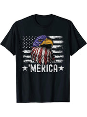 Funny Patriotic 4th of July Bald Eagle American Flag Merica T-Shirt 180G 100% Cotton Printed Round Neck Short-Sleeve T-Shirt, Gifts for Men Dad Husband Grandpa, S-XXXL, Black