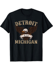 Detroit Michigan USA Bald Eagle T-Shirt 180G 100% Cotton Printed Round Neck Short-Sleeve T-Shirt, Gifts for Men Dad Husband Grandpa, S-XXXL, Black