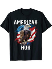 American Huh USA Flag Patriotic American Bald Eagle T-Shirt 180G 100% Cotton Printed Round Neck Short-Sleeve T-Shirt, Gifts for Men Dad Husband Grandpa, S-XXXL, Black