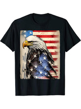 American Flag And Bald Eagle 4th of July USA T-Shirt 180G 100% Cotton Printed Round Neck Short-Sleeve T-Shirt, Gifts for Men Dad Husband Grandpa, S-XXXL, Black