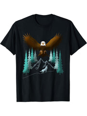Flying Bald Eagle, Wolf Mountain Forest Wildlife Animal T-Shirt 180G 100% Cotton Printed Round Neck Short-Sleeve T-Shirt, Gifts for Men Dad Husband Grandpa, S-XXXL, Black