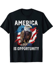 America Is Opportunity American Bald Eagle July 4 Patriotic T-Shirt 180G 100% Cotton Printed Round Neck Short-Sleeve T-Shirt, Gifts for Men Dad Husband Grandpa, S-XXXL, Black