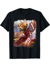 Cat with Bald Eagle and American Flag T-Shirt 180G 100% Cotton Printed Round Neck Short-Sleeve T-Shirt, Gifts for Men Dad Husband Grandpa, S-XXXL, Black