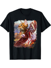 Cat with Bald Eagle and American Flag T-Shirt 180G 100% Cotton Printed Round Neck Short-Sleeve T-Shirt, Gifts for Men Dad Husband Grandpa, S-XXXL, Black