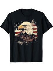 American Bald Eagle with US Flag T-Shirt 180G 100% Cotton Printed Round Neck Short-Sleeve T-Shirt, Gifts for Men Dad Husband Grandpa, S-XXXL, Black