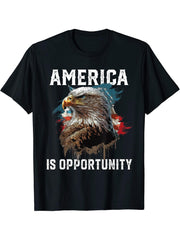 America Is Opportunity American Bald Eagle July 4 Patriotic T-Shirt 180G 100% Cotton Printed Round Neck Short-Sleeve T-Shirt, Gifts for Men Dad Husband Grandpa, S-XXXL, Black