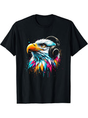 Cool Bald Eagle Art for Music Lovers Christmas Birthday T-Shirt 180G 100% Cotton Printed Round Neck Short-Sleeve T-Shirt, Gifts for Men Dad Husband Grandpa, S-XXXL, Black