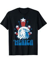 4th Of July Merica Bald Eagle USA Patriotic American Flag T-Shirt 180G 100% Cotton Printed Round Neck Short-Sleeve T-Shirt, Gifts for Men Dad Husband Grandpa, S-XXXL, Black
