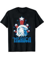 4th Of July Merica Bald Eagle USA Patriotic American Flag T-Shirt 180G 100% Cotton Printed Round Neck Short-Sleeve T-Shirt, Gifts for Men Dad Husband Grandpa, S-XXXL, Black