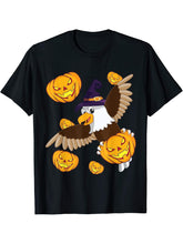 American Bald Eagle Witch Halloween Gift with Pumpkins T-Shirt 180G 100% Cotton Printed Round Neck Short-Sleeve T-Shirt, Gifts for Men Dad Husband Grandpa, S-XXXL, Black