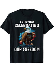 Everyday Celebrating Our Freedom American Bald Eagle T-Shirt 180G 100% Cotton Printed Round Neck Short-Sleeve T-Shirt, Gifts for Men Dad Husband Grandpa, S-XXXL, Black