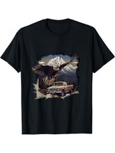 Bald Eagle With Classic Pickup Truck In The Mountains T-Shirt 180G 100% Cotton Printed Round Neck Short-Sleeve T-Shirt, Gifts for Men Dad Husband Grandpa, S-XXXL, Black