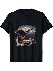 Bald Eagle With Classic Pickup Truck In The Mountains T-Shirt 180G 100% Cotton Printed Round Neck Short-Sleeve T-Shirt, Gifts for Men Dad Husband Grandpa, S-XXXL, Black