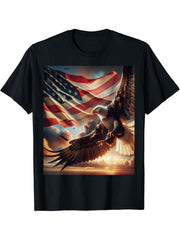 Bald Eagle Hunting With Flag In Sky T-Shirt 180G 100% Cotton Printed Round Neck Short-Sleeve T-Shirt, Gifts for Men Dad Husband Grandpa, S-XXXL, Black