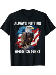 Always Putting America First American Bald Eagle Patriotism T-Shirt 180G 100% Cotton Printed Round Neck Short-Sleeve T-Shirt, Gifts for Men Dad Husband Grandpa, S-XXXL, Black