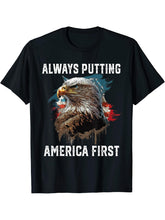 Always Putting America First American Bald Eagle Patriotism T-Shirt 180G 100% Cotton Printed Round Neck Short-Sleeve T-Shirt, Gifts for Men Dad Husband Grandpa, S-XXXL, Black