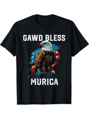 Gawd Bless Murica American Bald Eagle Funny America T-Shirt 180G 100% Cotton Printed Round Neck Short-Sleeve T-Shirt, Gifts for Men Dad Husband Grandpa, S-XXXL, Black
