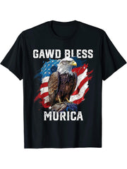 Gawd Bless Murica American Bald Eagle Funny America T-Shirt 180G 100% Cotton Printed Round Neck Short-Sleeve T-Shirt, Gifts for Men Dad Husband Grandpa, S-XXXL, Black