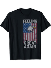 Feeling Great Again-Patriotic Bald Eagle USA Flag 2025 T-Shirt 180G 100% Cotton Printed Round Neck Short-Sleeve T-Shirt, Gifts for Men Dad Husband Grandpa, S-XXXL, Black
