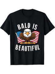 Bald Is Beautiful 4th of July Bald Eagle Independence Day T-Shirt 180G 100% Cotton Printed Round Neck Short-Sleeve T-Shirt, Gifts for Men Dad Husband Grandpa, S-XXXL, Black